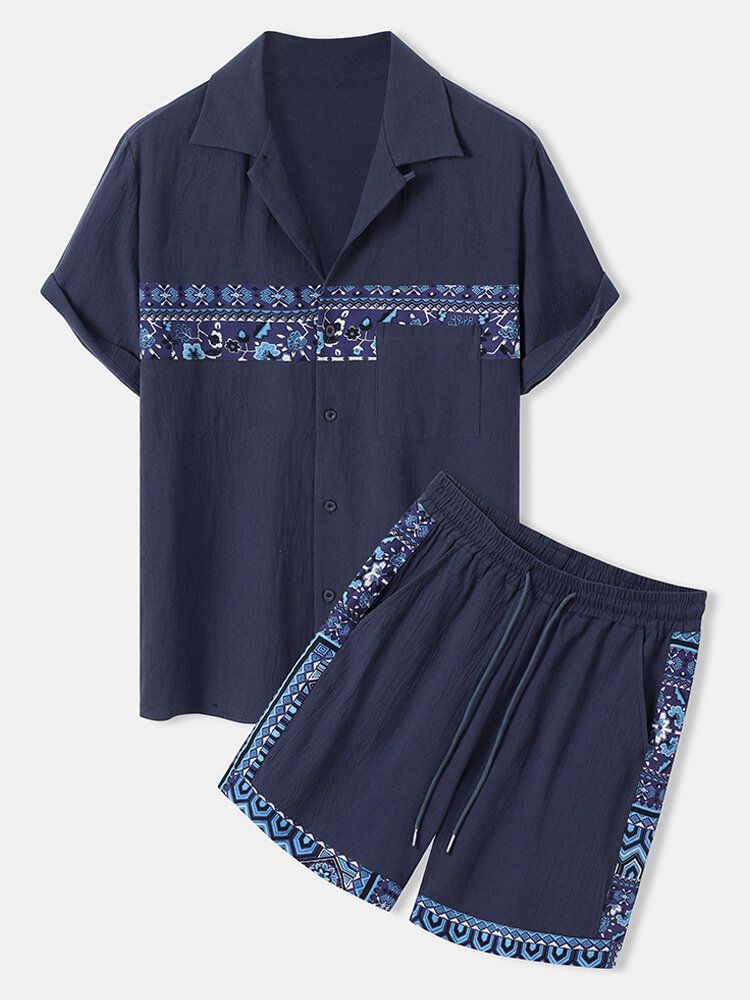 Hommes Ethnic Pattern Spliced Short Sleeve Two Pieces Outfits