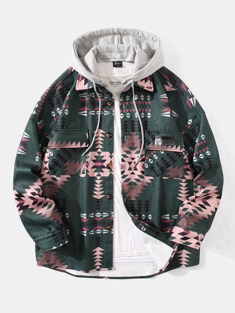 Hommes Ethnic Print Hood Amovible Droppd Shoulder Nomadic Jackets