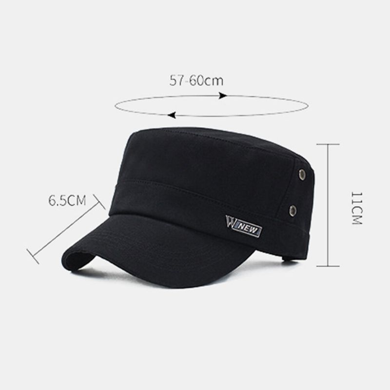 Hommes Étiquette En Métal À Large Bord Respirant Trou Conception Armée Cap Cadet Chapeau Casual All-match Printemps Été Pare-soleil Militaire Cap Flat Top Cap