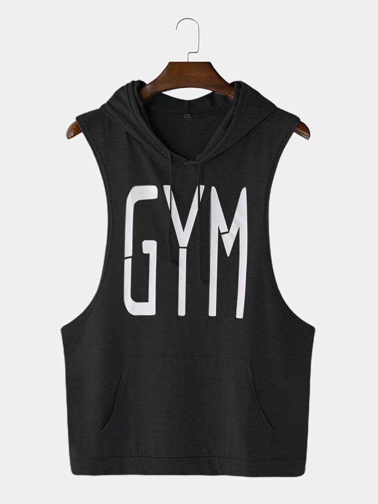 Hommes Fashion Letter Print Hooded Sleeveless Pocket Solid Color Sport Tops