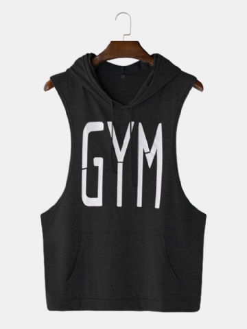 Hommes Fashion Letter Print Hooded Sleeveless Pocket Solid Color Sport Tops