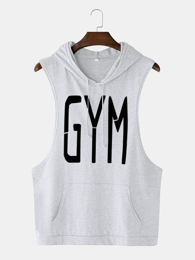 Hommes Fashion Letter Print Hooded Sleeveless Pocket Solid Color Sport Tops