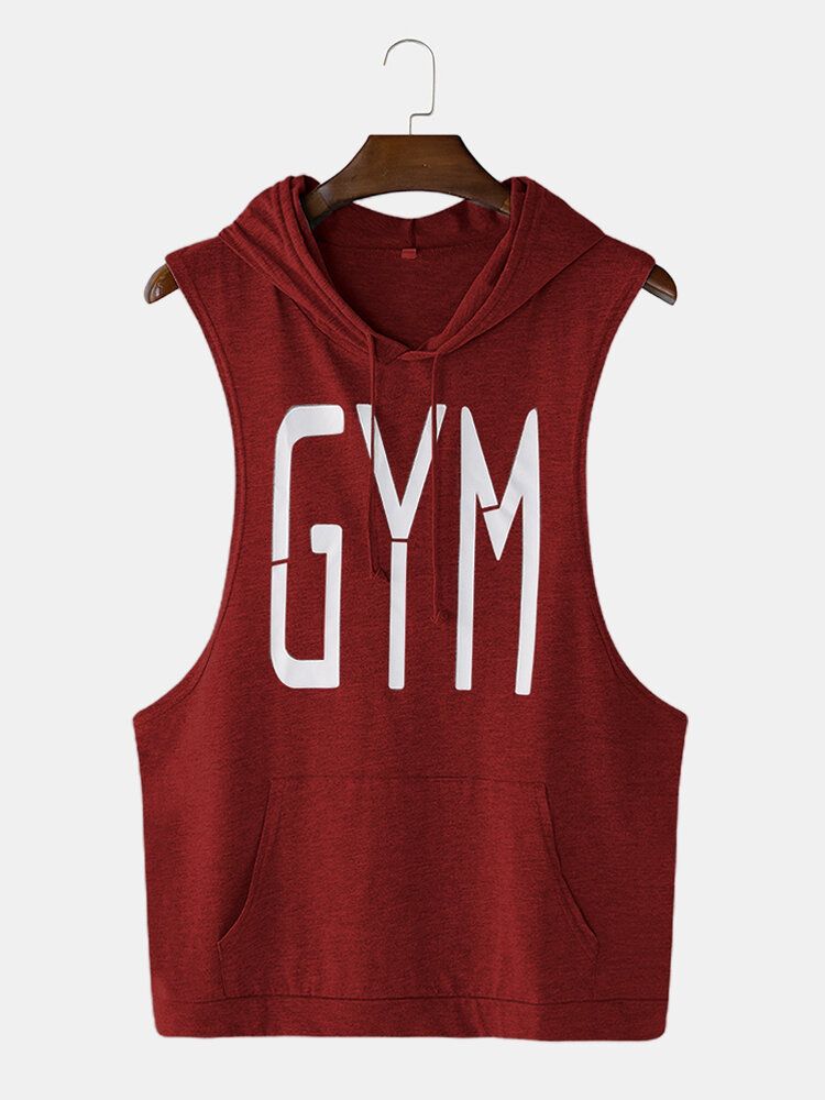 Hommes Fashion Letter Print Hooded Sleeveless Pocket Solid Color Sport Tops