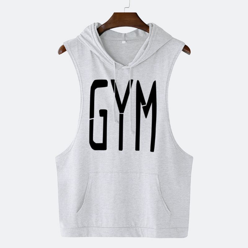 Hommes Fashion Letter Print Hooded Sleeveless Pocket Solid Color Sport Tops