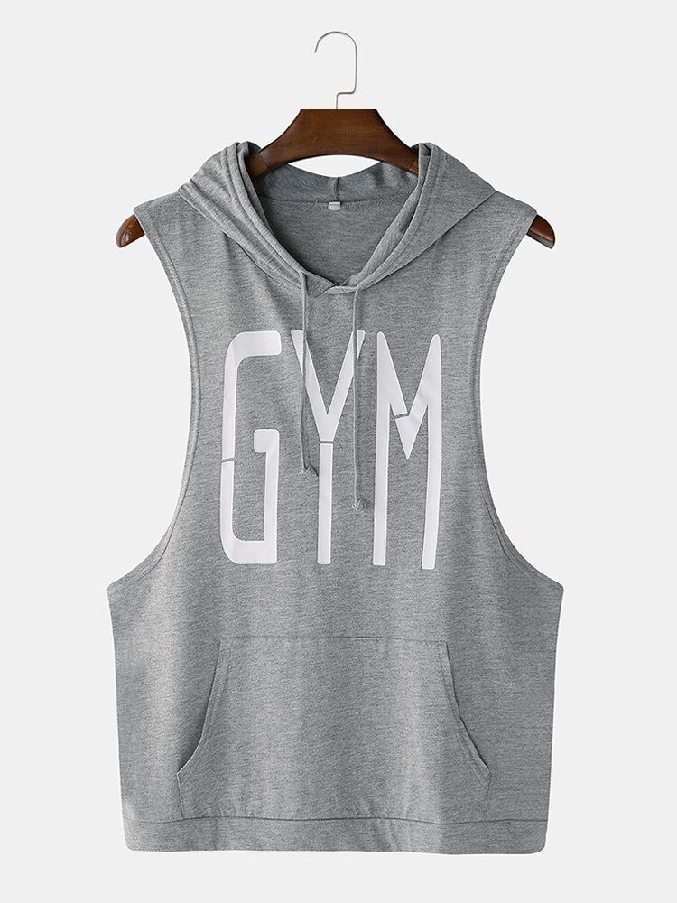 Hommes Fashion Letter Print Hooded Sleeveless Pocket Solid Color Sport Tops