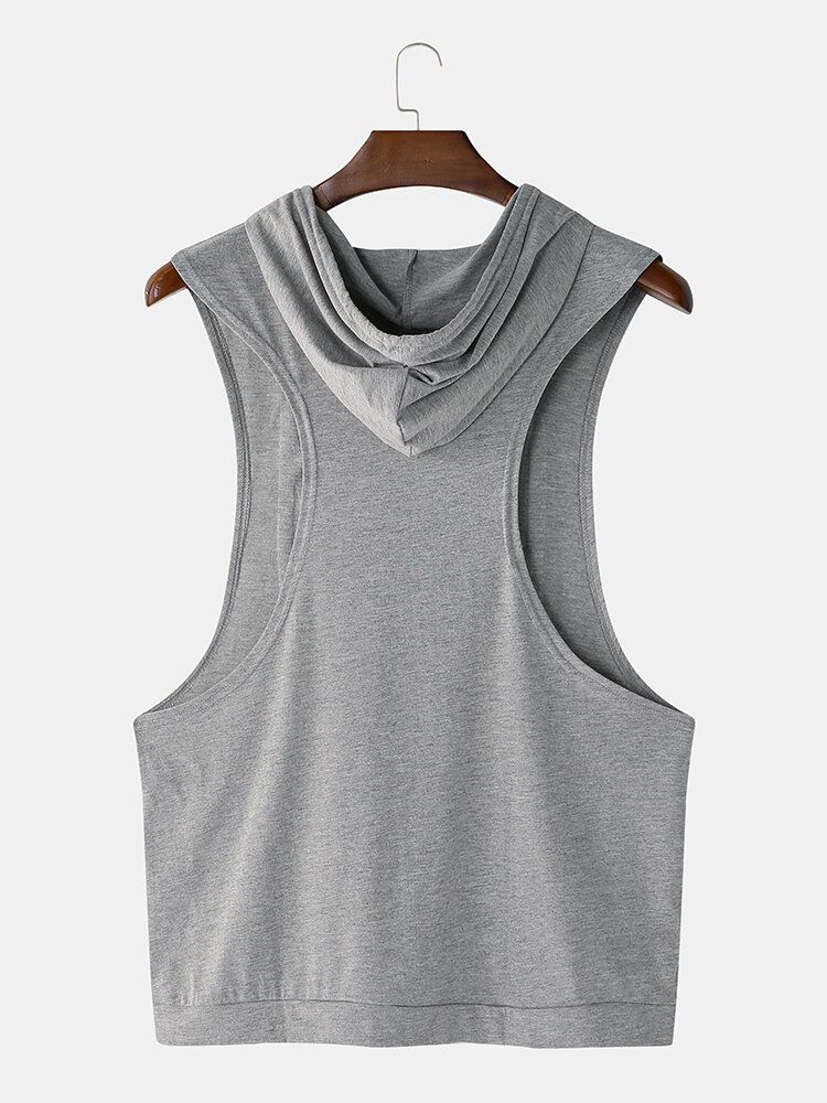 Hommes Fashion Letter Print Hooded Sleeveless Pocket Solid Color Sport Tops