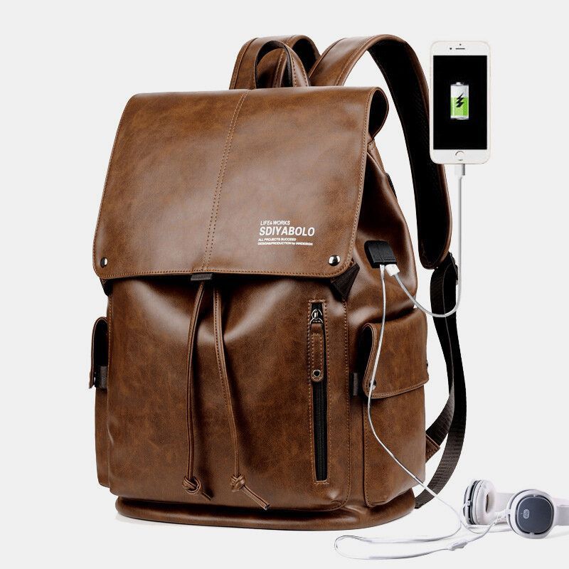 Hommes Faux Cuir Grande Capacité Étanche 13.3 Pouces Sacoche Pour Ordinateur Portable Sac De Voyage Sac À Dos Avec Chargement Usb