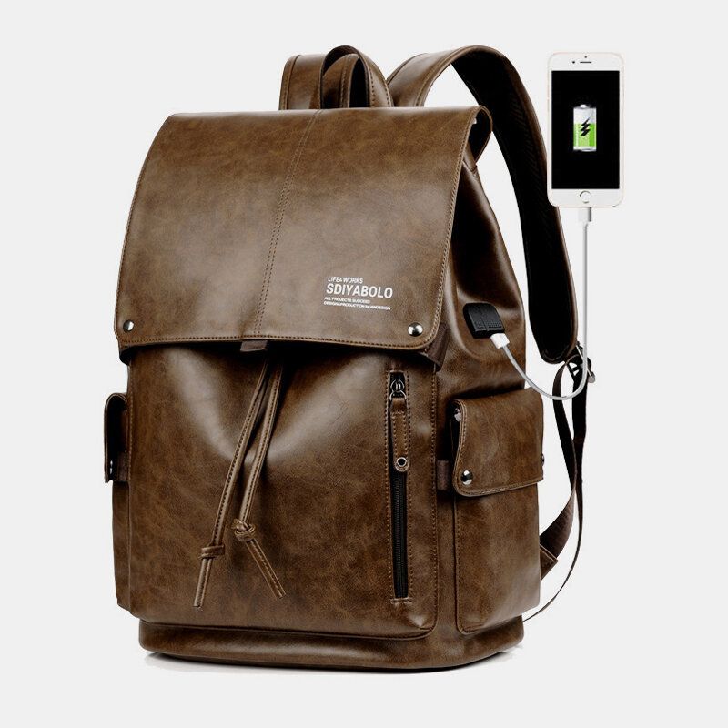 Hommes Faux Cuir Grande Capacité Étanche 13.3 Pouces Sacoche Pour Ordinateur Portable Sac De Voyage Sac À Dos Avec Chargement Usb