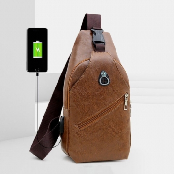 Hommes Faux Cuir Usb Recharge Écouteur Voyage Rétro Affaires Poitrine Sac Bandoulière Sac