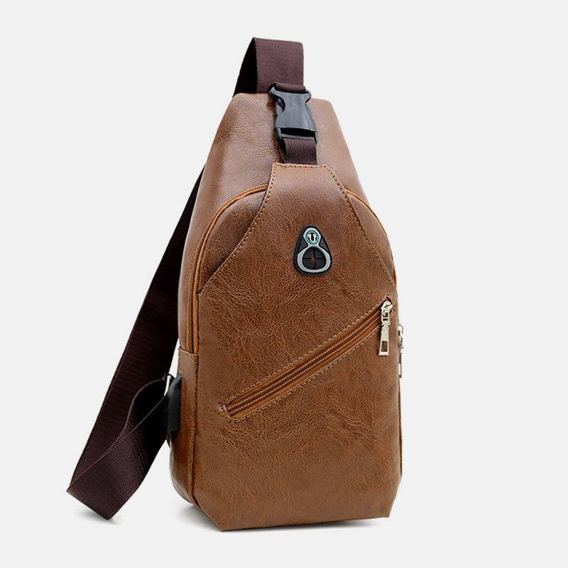 Hommes Faux Cuir Usb Recharge Écouteur Voyage Rétro Affaires Poitrine Sac Bandoulière Sac