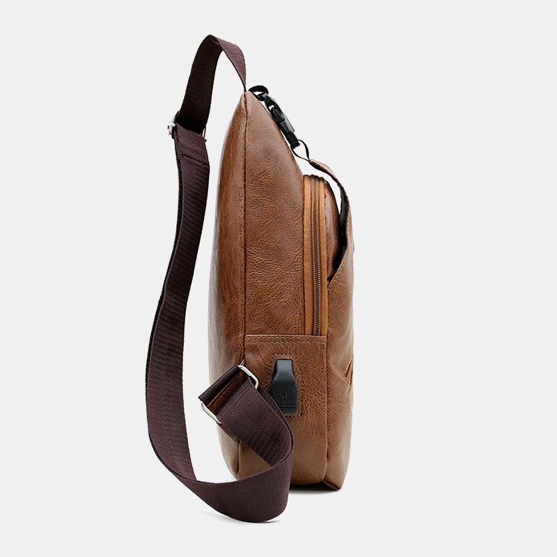 Hommes Faux Cuir Usb Recharge Écouteur Voyage Rétro Affaires Poitrine Sac Bandoulière Sac