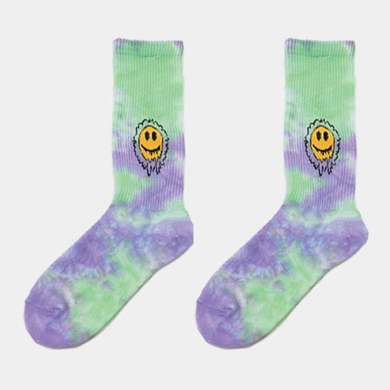 Hommes Femmes Coton Couleur Dégradé Sourire Visage Daisy Tournesol Motif Tie-dye Mode Anti-slip Tube Chaussettes