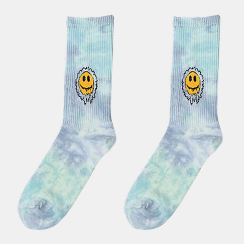 Hommes Femmes Coton Couleur Dégradé Sourire Visage Daisy Tournesol Motif Tie-dye Mode Anti-slip Tube Chaussettes