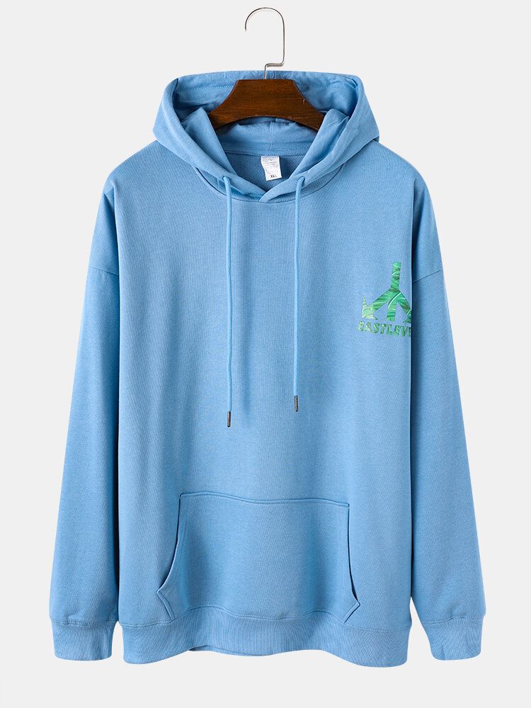 Hommes Feuilles Plante Lettre Imprimer Manches Longues Drop Shoulder Bleu Hoodies