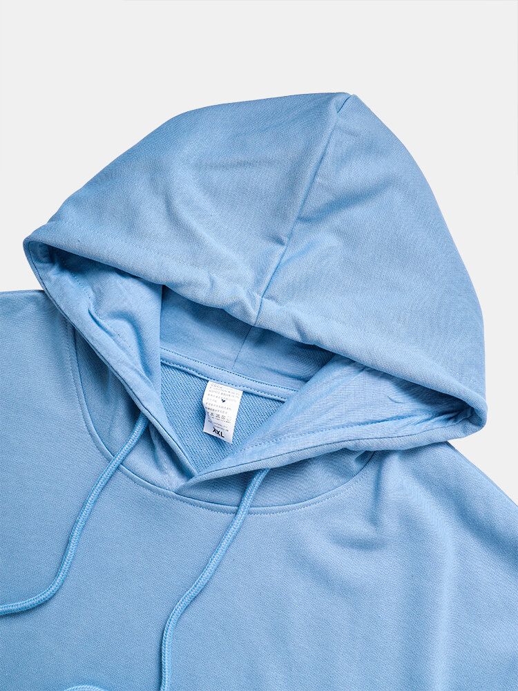 Hommes Feuilles Plante Lettre Imprimer Manches Longues Drop Shoulder Bleu Hoodies