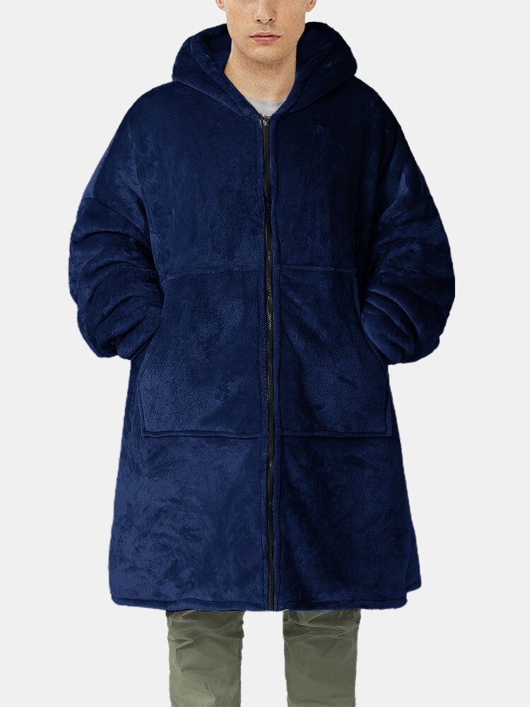 Hommes Flanelle Chaud Doux Couleur Unie Fermeture Éclair Poche Kangourou Couverture À Capuche Surdimensionné Maison Robes