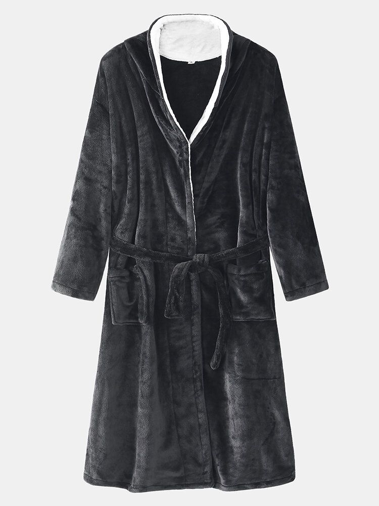 Hommes Flanelle Épaissir Thermique Chaud Hiver Pyjamas Robe De Nuit Avec Poche