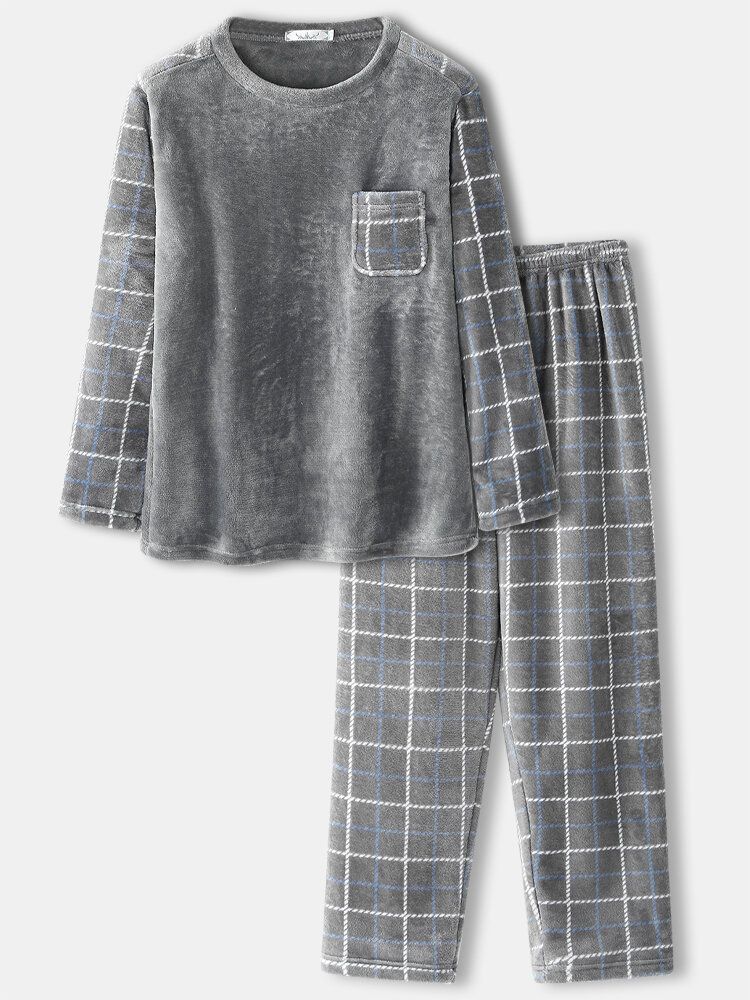 Hommes Flanelle Plaid Patchwork Pull Chaud Épaissir Lâche Pantalon Maison Confortable Pyjama Ensemble