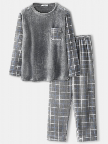 Hommes Flanelle Plaid Patchwork Pull Chaud Épaissir Lâche Pantalon Maison Confortable Pyjama Ensemble