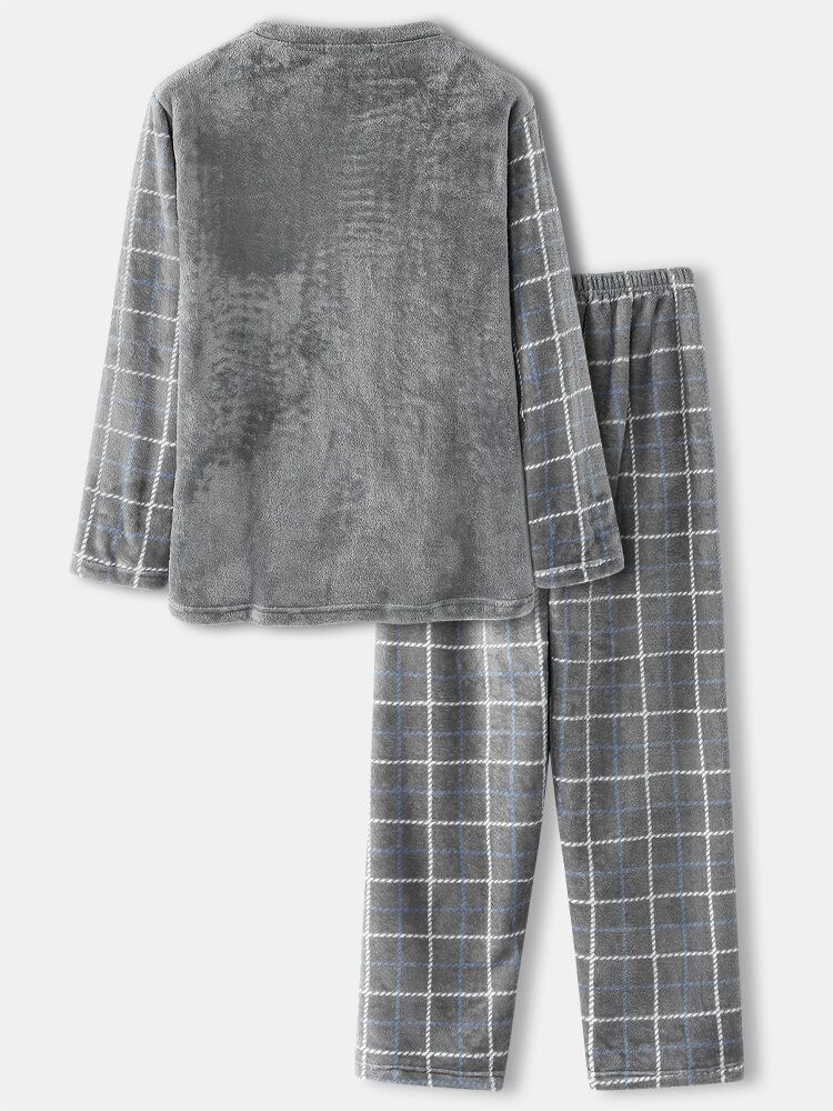 Hommes Flanelle Plaid Patchwork Pull Chaud Épaissir Lâche Pantalon Maison Confortable Pyjama Ensemble