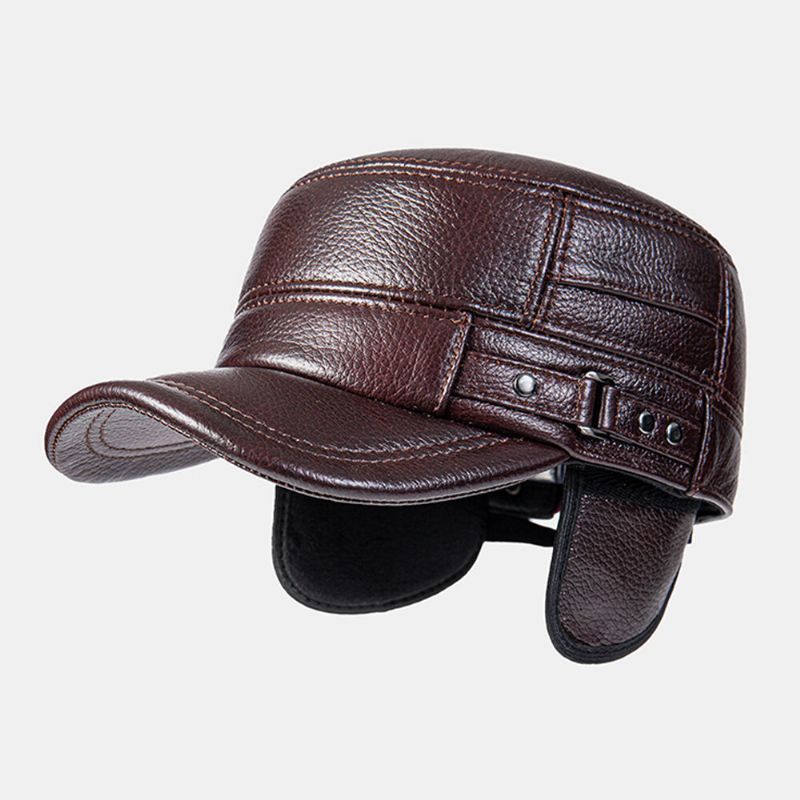 Hommes Flat Top Cap Cowhide Built-in Earmuffs Windproof Warm Military Cap Earflap Hat