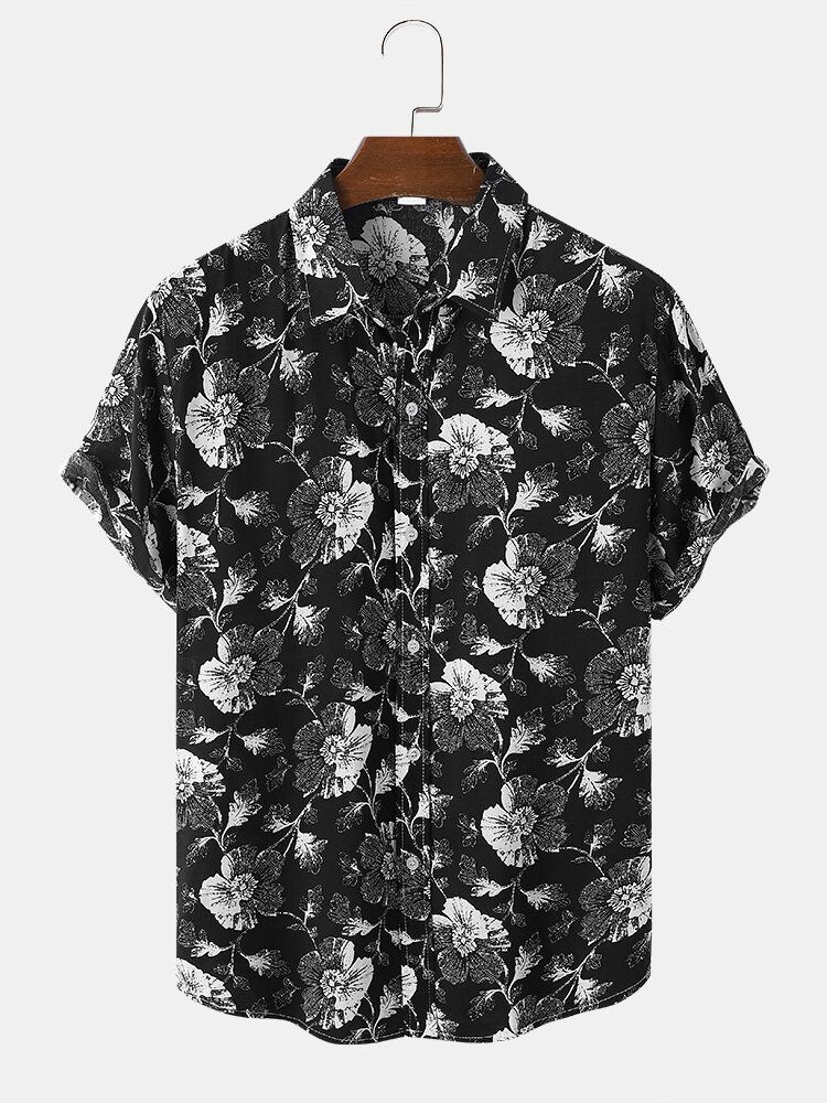 Hommes Floral Dark Front Buttons Sketches Style Graceful Short Sleeve Leisure Shirts