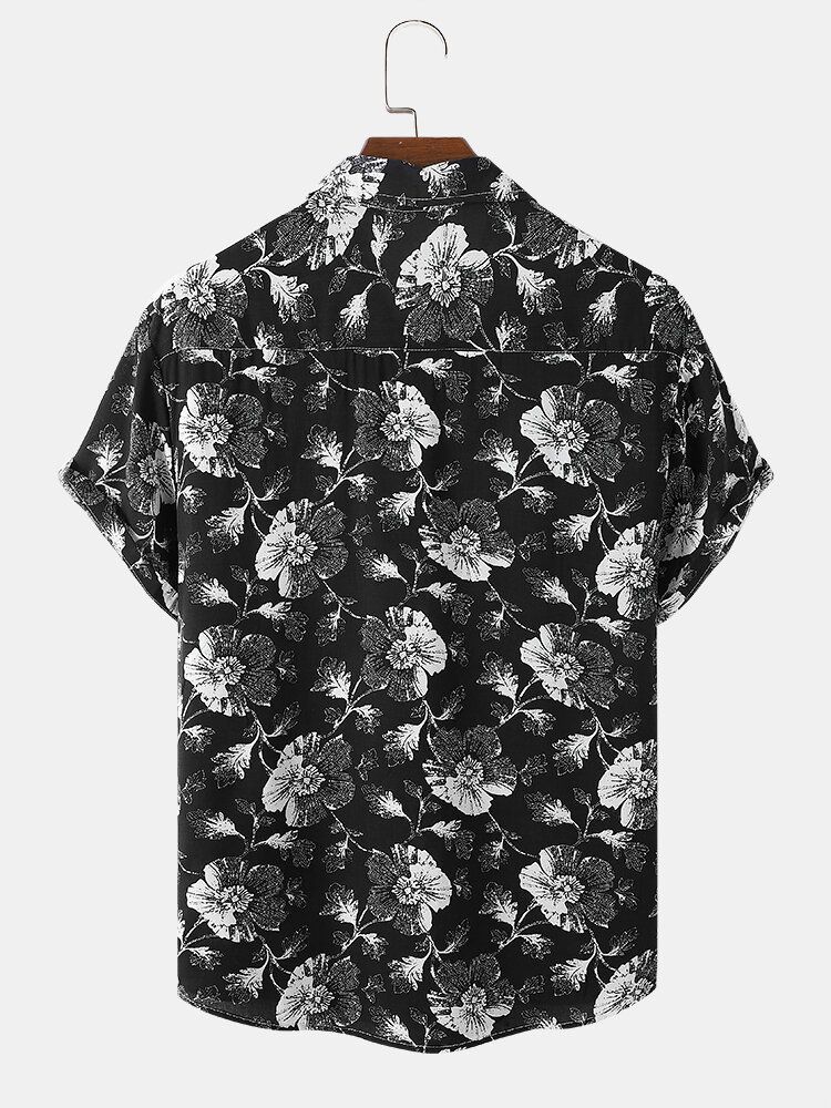 Hommes Floral Dark Front Buttons Sketches Style Graceful Short Sleeve Leisure Shirts