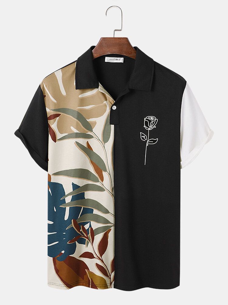 Hommes Floral Plants Print Patchwork Casual Chemises De Golf Décontractées À Manches Courtes