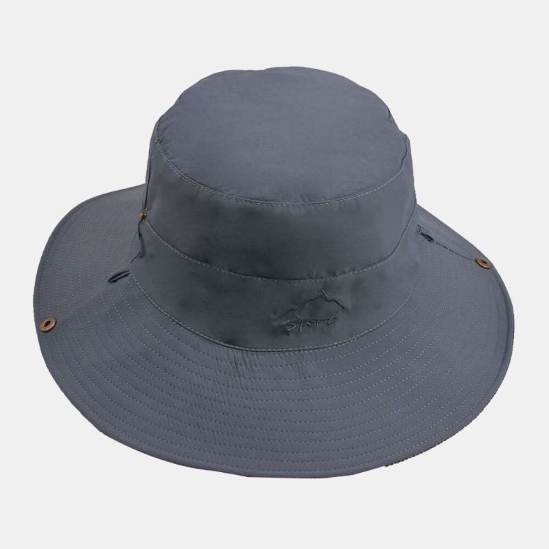 Hommes Folable Double-side-wear Beach Hat Lettre Broderie Amovible Coupe-vent Corde Sport En Plein Air Imperméable Anti-uv Seau Chapeau