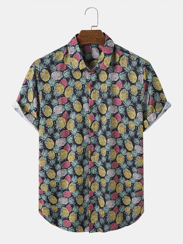 Hommes Funny Allover Pineapple Print Street Button Curved Hem Holiday Shirts