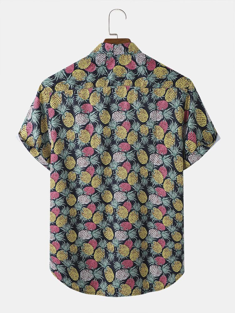 Hommes Funny Allover Pineapple Print Street Button Curved Hem Holiday Shirts