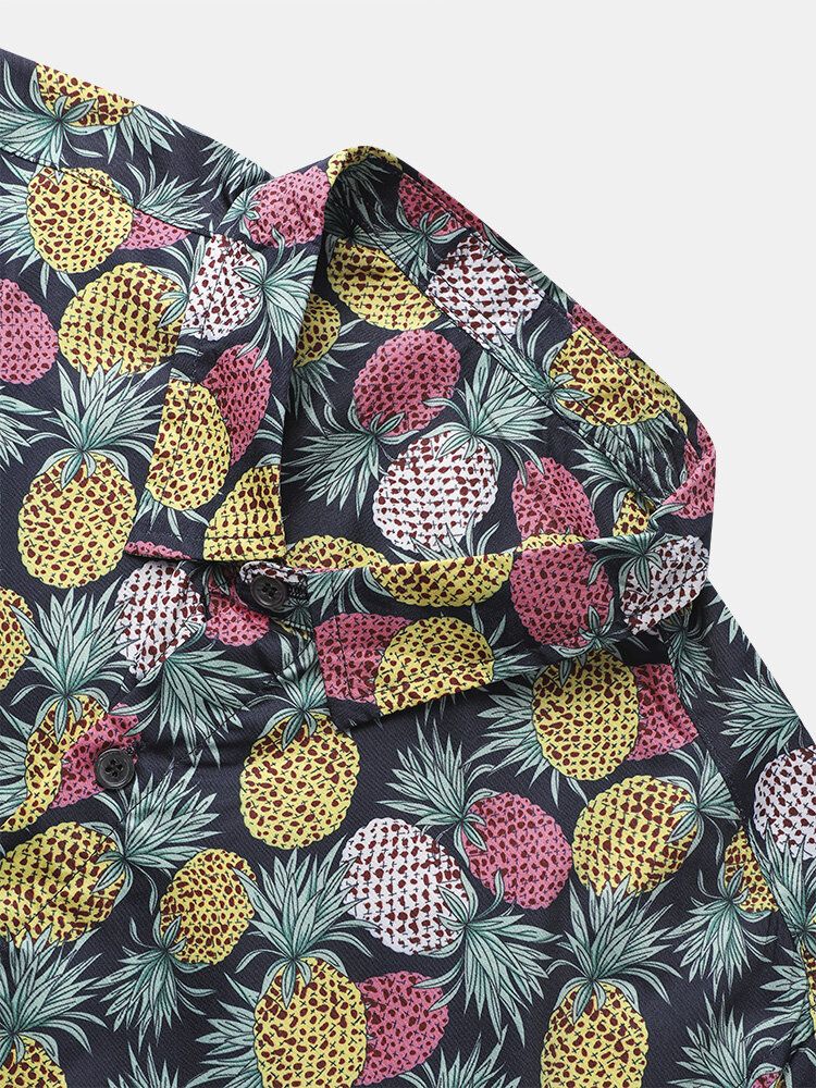 Hommes Funny Allover Pineapple Print Street Button Curved Hem Holiday Shirts