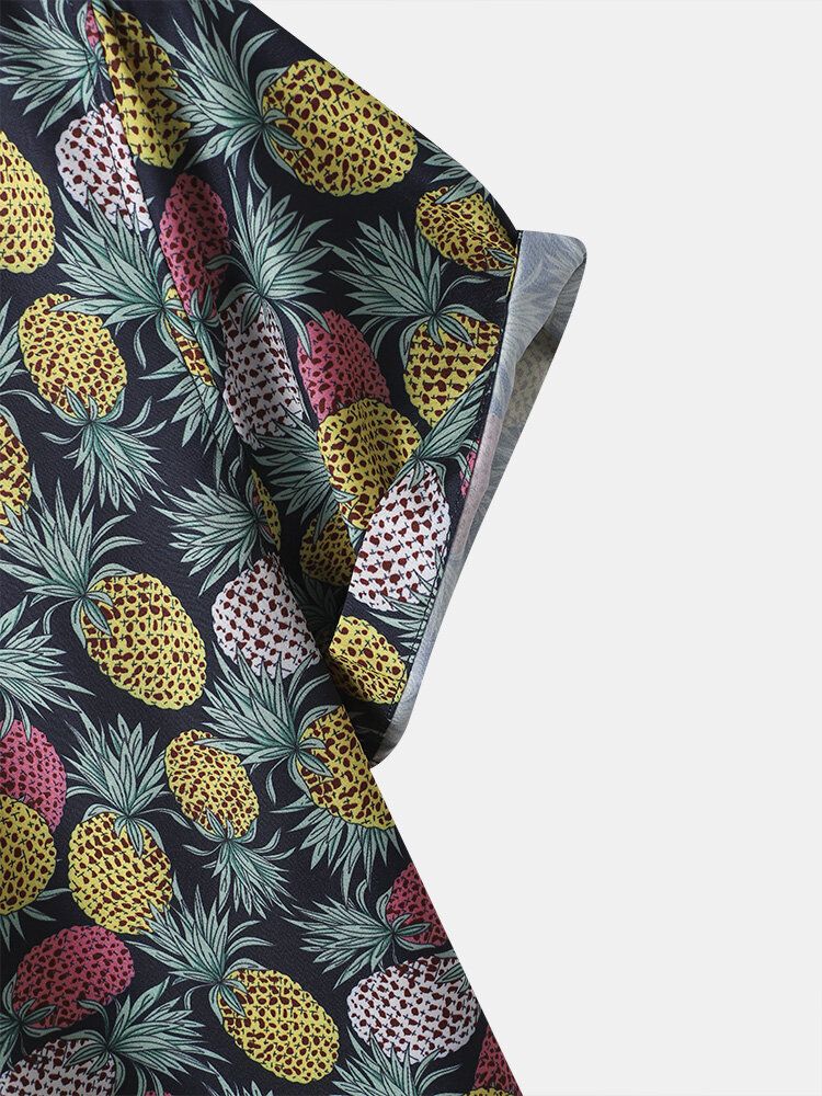 Hommes Funny Allover Pineapple Print Street Button Curved Hem Holiday Shirts