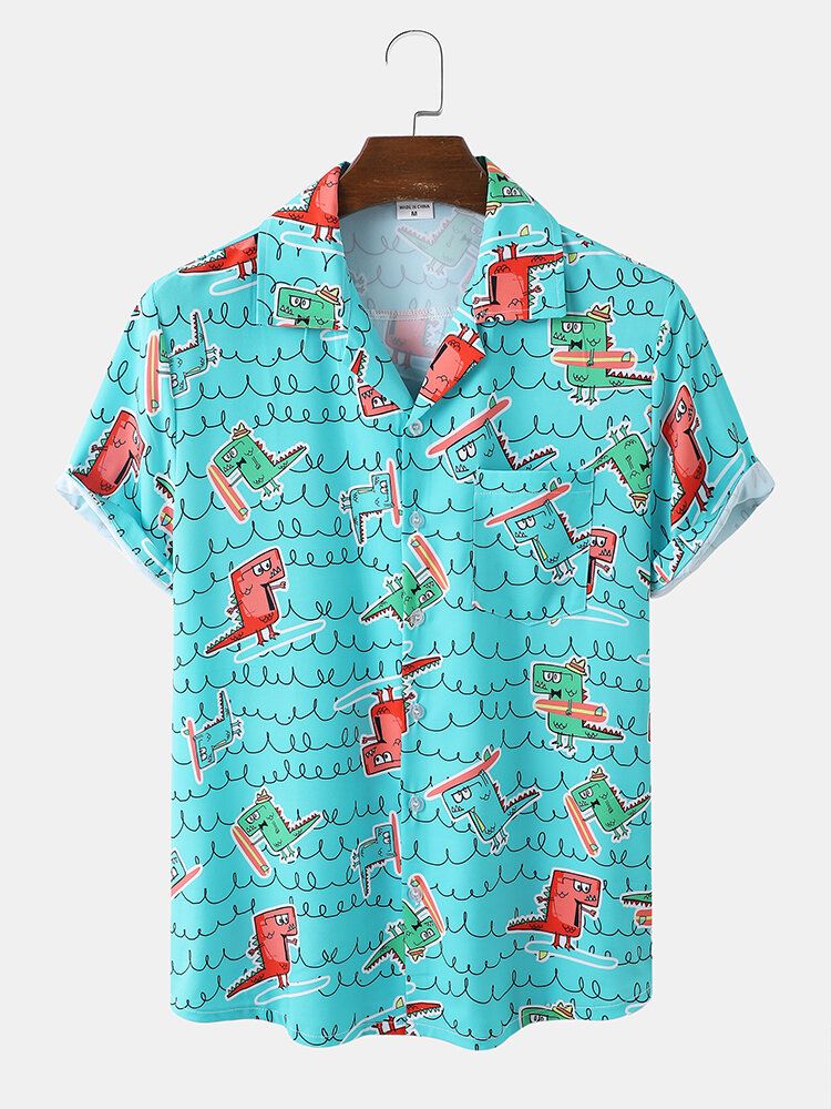 Hommes Funny Dinosaur Print Beachwear Ice Silk Comfy Revere Collar Hawaii Style Shirts