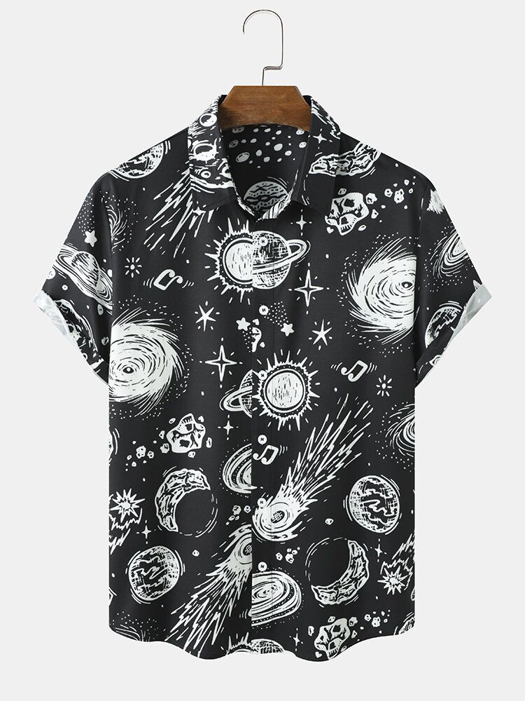 Hommes Galaxy Print Star War Revers Manches Courtes Bouton Chemises Décontractées