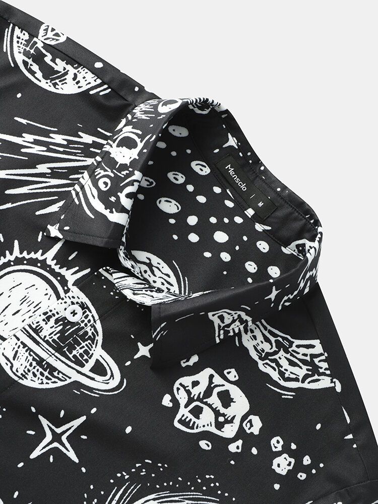 Hommes Galaxy Print Star War Revers Manches Courtes Bouton Chemises Décontractées