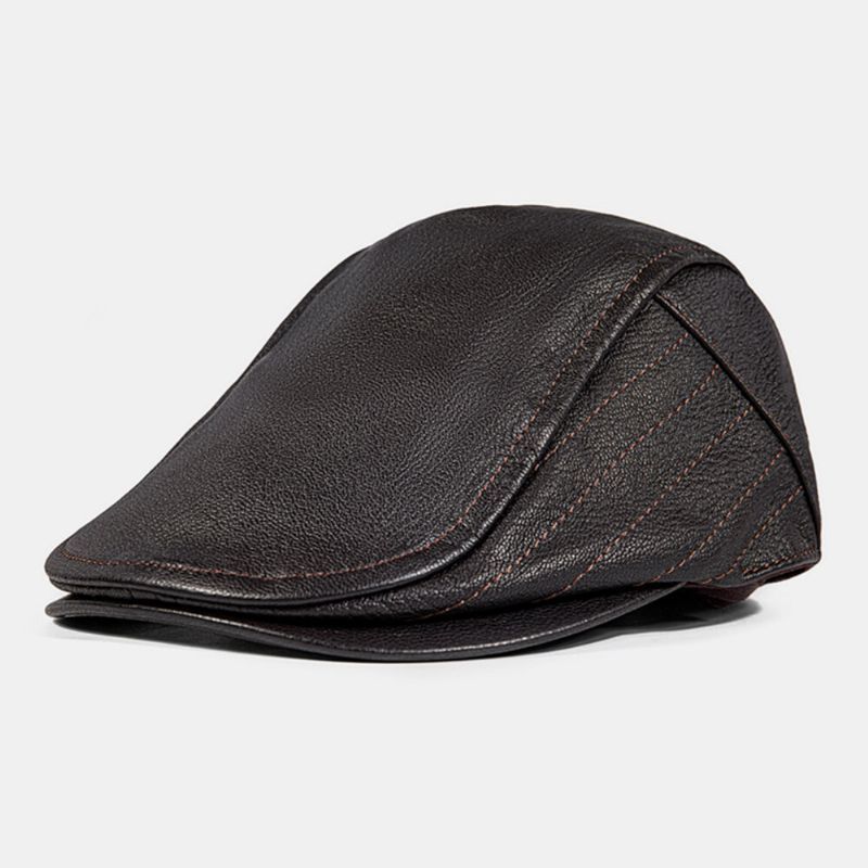 Hommes Gavroche Chapeaux En Cuir Véritable Cousu Extérieur Protection Contre Le Froid Bérets Chapeau Plat