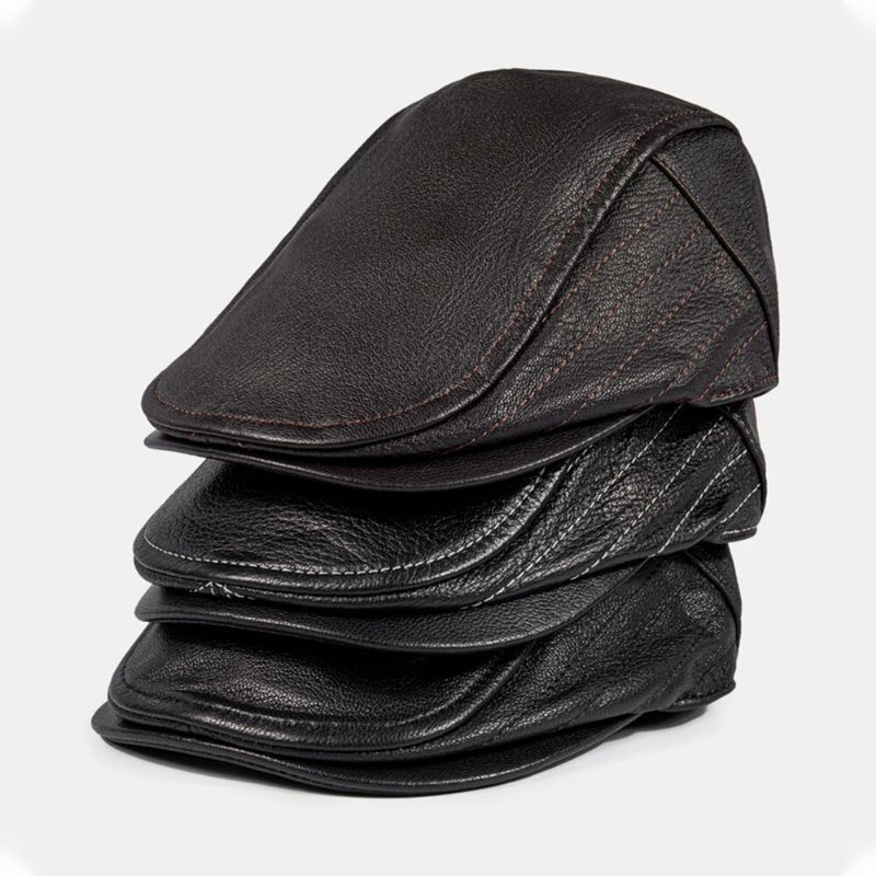 Hommes Gavroche Chapeaux En Cuir Véritable Cousu Extérieur Protection Contre Le Froid Bérets Chapeau Plat