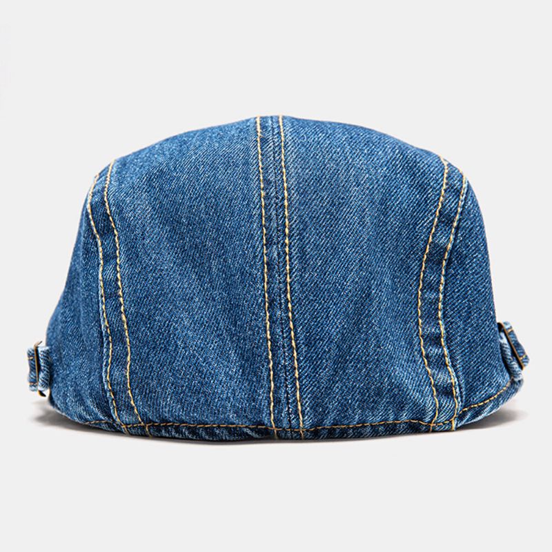 Hommes Gavroche Chapeaux Denim Parasol Chaleur Sauvage Plaine Surpiquée Points Métal Lettre Étiquette Britannique Béret Casquette Plate