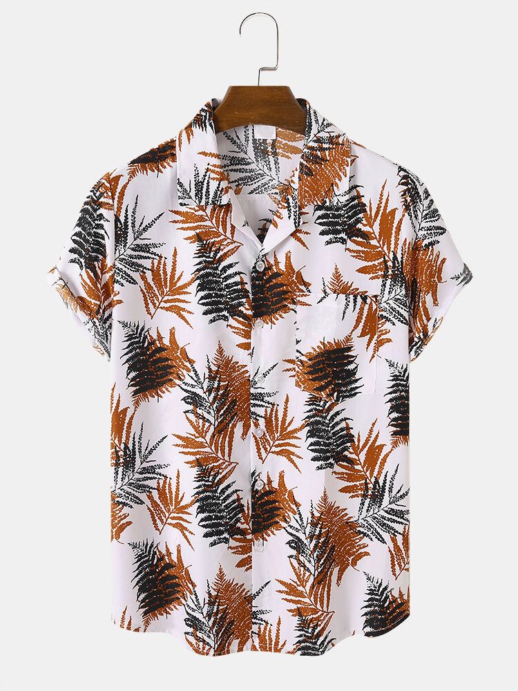 Hommes Graphic Contrast Leaf Print Chest Pocket Hem Cuff Holiday Shirts