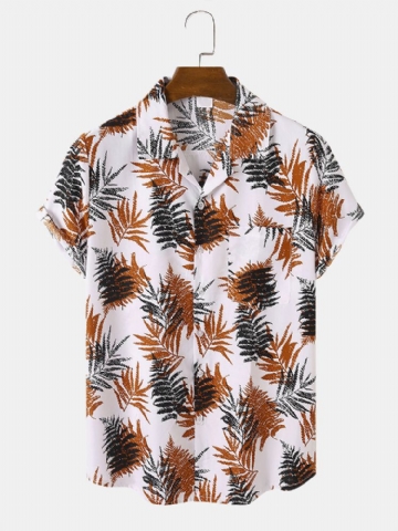 Hommes Graphic Contrast Leaf Print Chest Pocket Hem Cuff Holiday Shirts