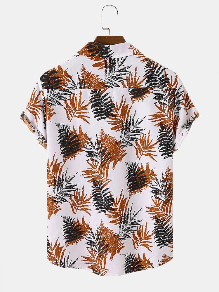 Hommes Graphic Contrast Leaf Print Chest Pocket Hem Cuff Holiday Shirts