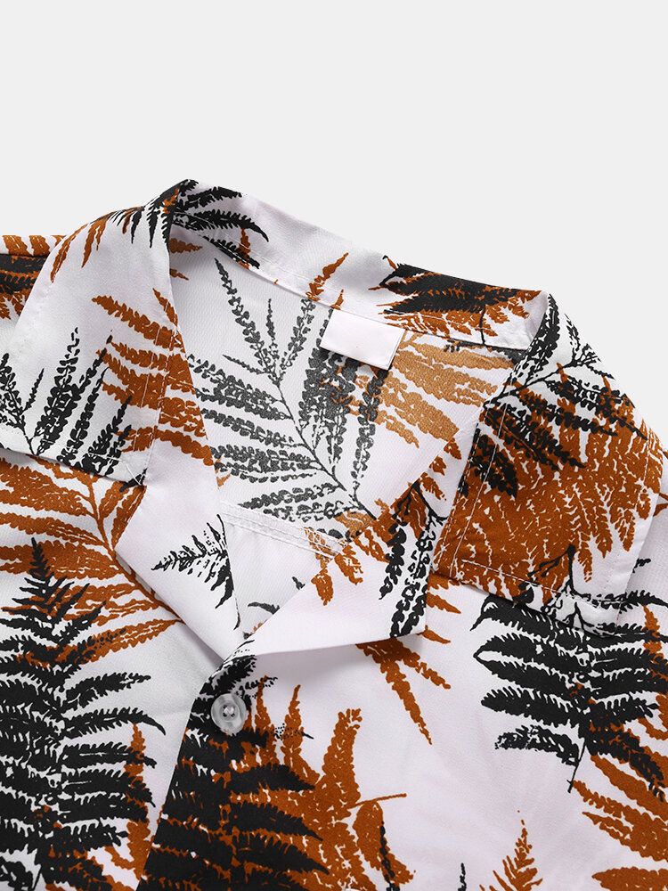 Hommes Graphic Contrast Leaf Print Chest Pocket Hem Cuff Holiday Shirts