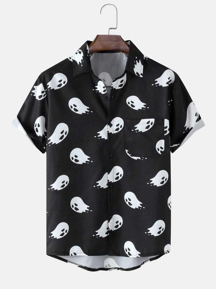 Hommes Halloween Allover Ghost Print Pocket Button High Low Hem Shirts