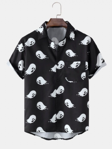 Hommes Halloween Allover Ghost Print Pocket Button High Low Hem Shirts