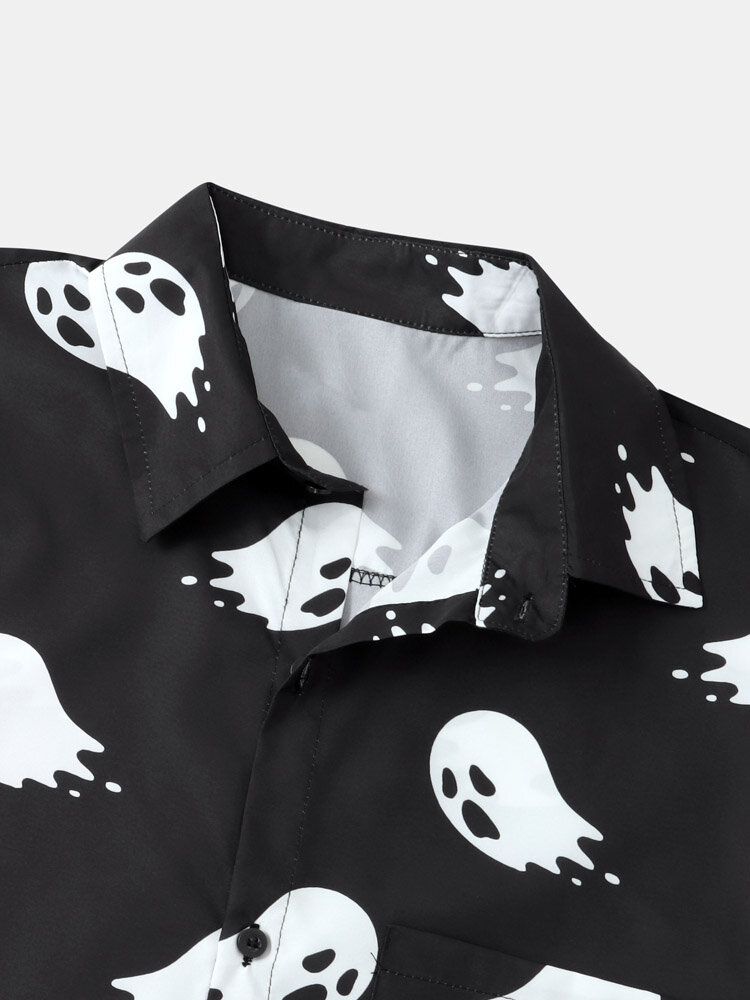 Hommes Halloween Allover Ghost Print Pocket Button High Low Hem Shirts