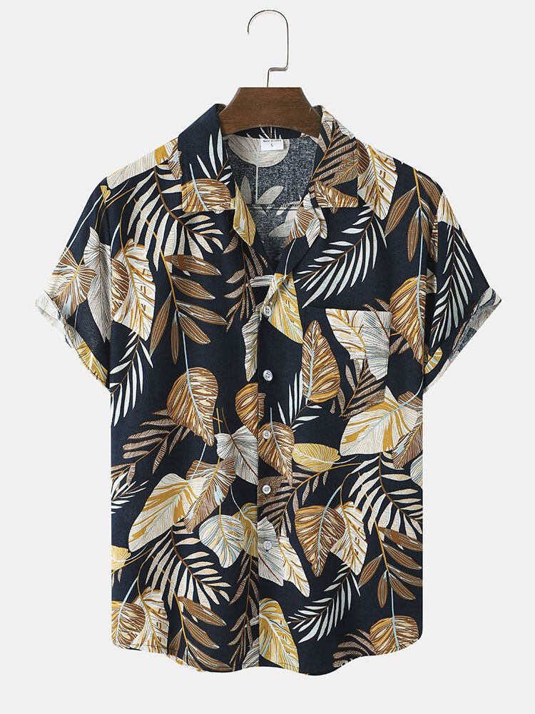 Hommes Hawaii Style Feuille Tropicale Imprimé Ourlet Poignet Doux Loisirs Bouton Conçu Chemises