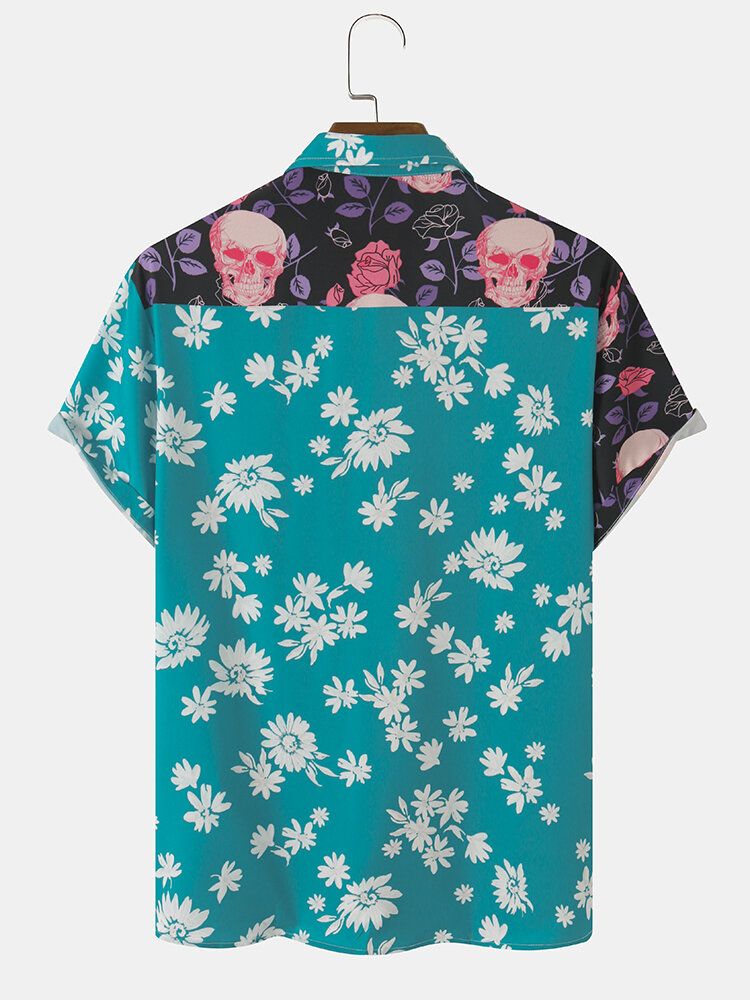 Hommes Head Rose Print Contrast Patchwork Chemises À Manches Courtes À Poche Unique