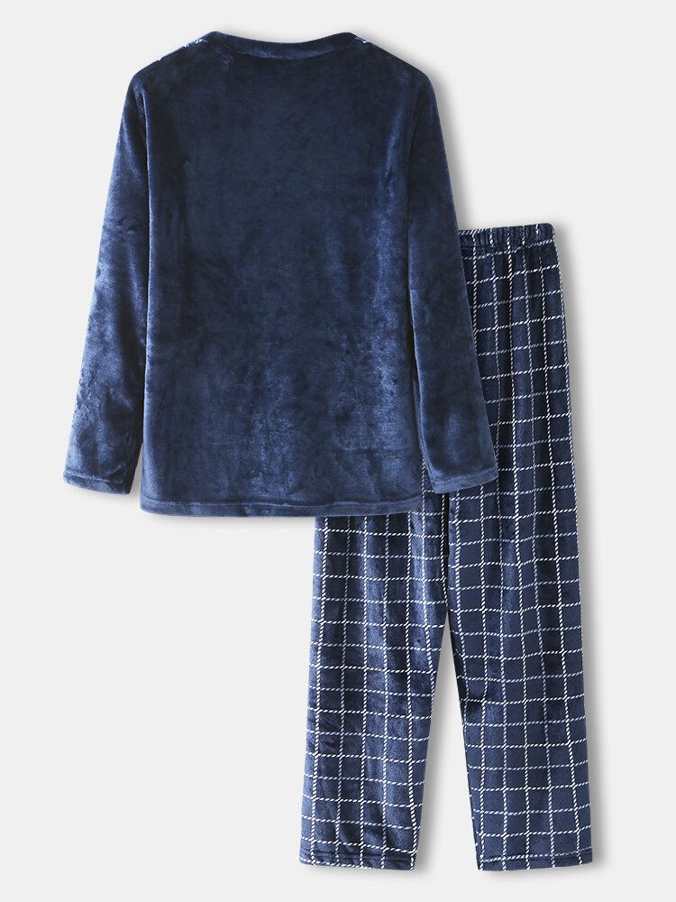 Hommes Hiver Flanelle Plaid Col Rond Tops Pantalons Lâches Épais Maison Salon Pyjama Ensemble