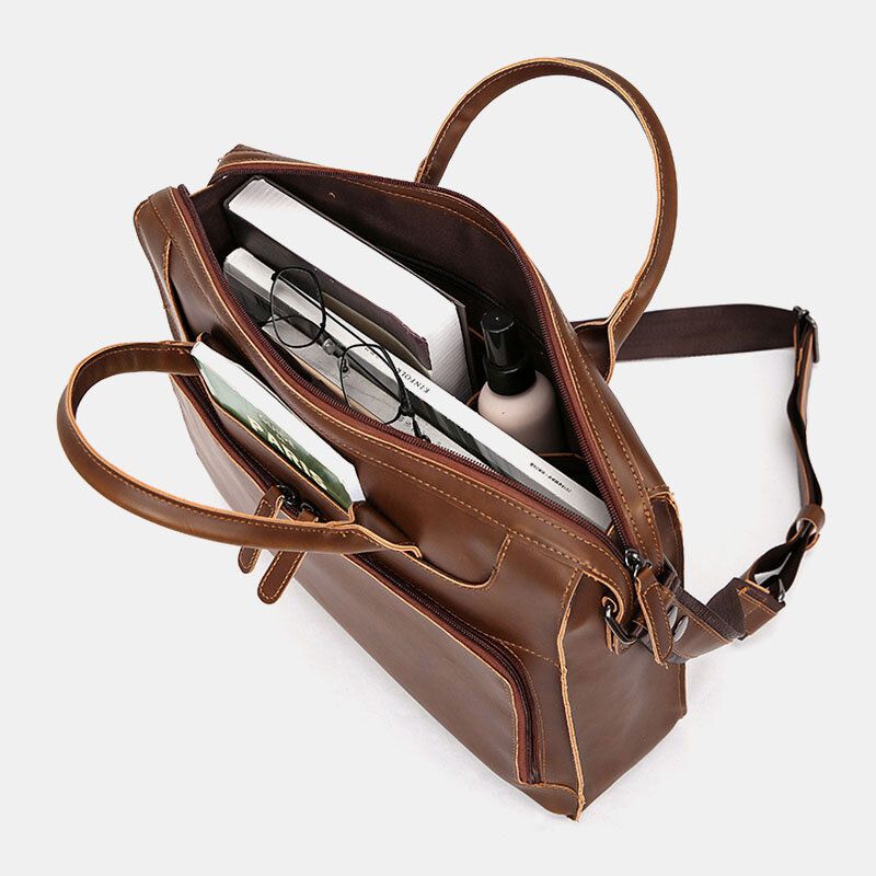 Hommes Horizontal Multi-poches Multi-compartiments Porte-documents Vintage Pu Cuir 14 Pouces Ordinateur Portable Sac Bandoulière Sac À Bandoulière Sac À Main